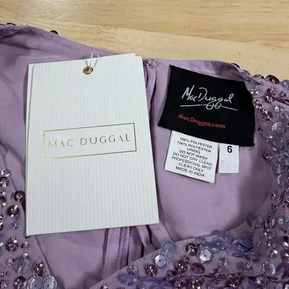 Mac Duggal NWT Purple Sequined Illusion Puff Sleeve V Neck Midi Dress Size 6